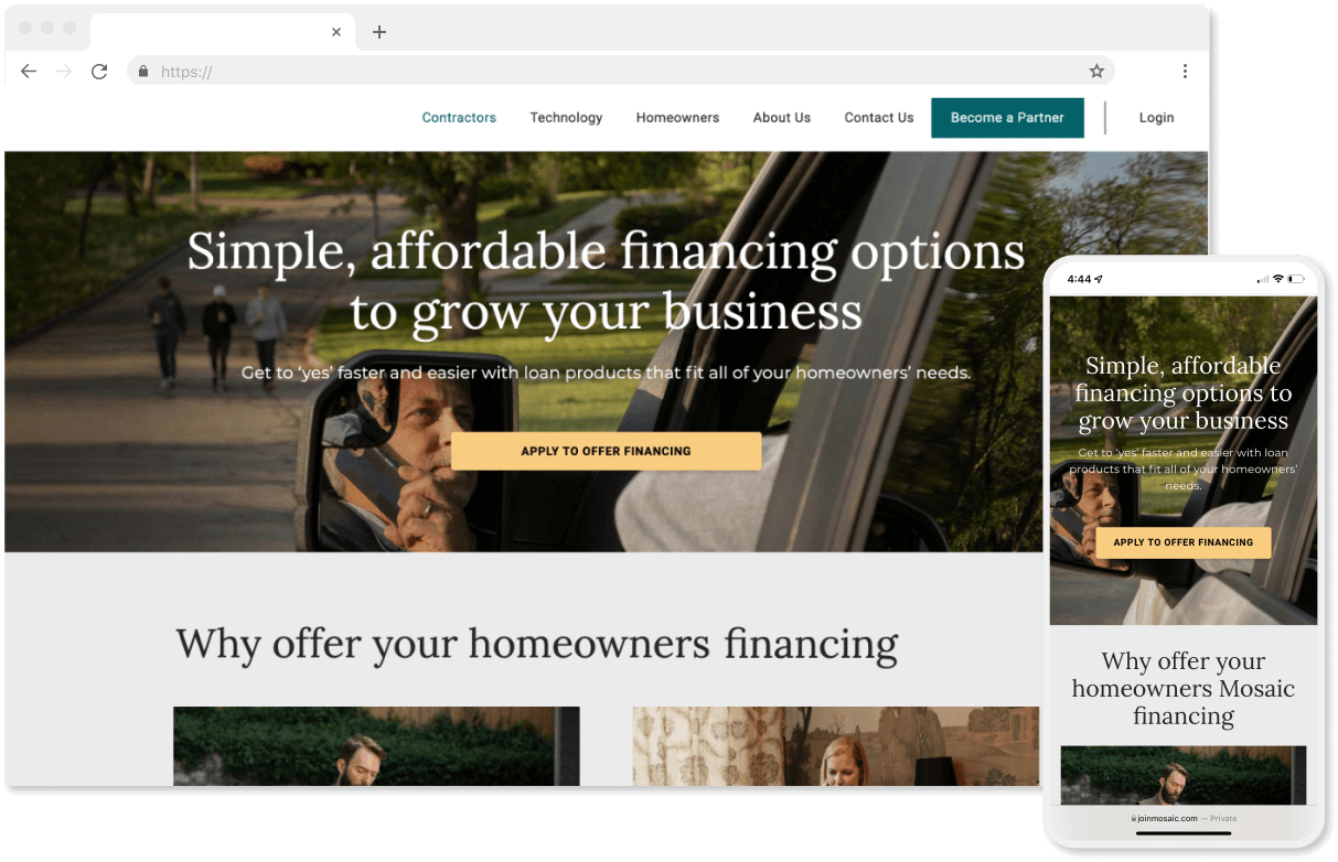 Collage of a homepage example in a desktop browser frame and a mobile device frame