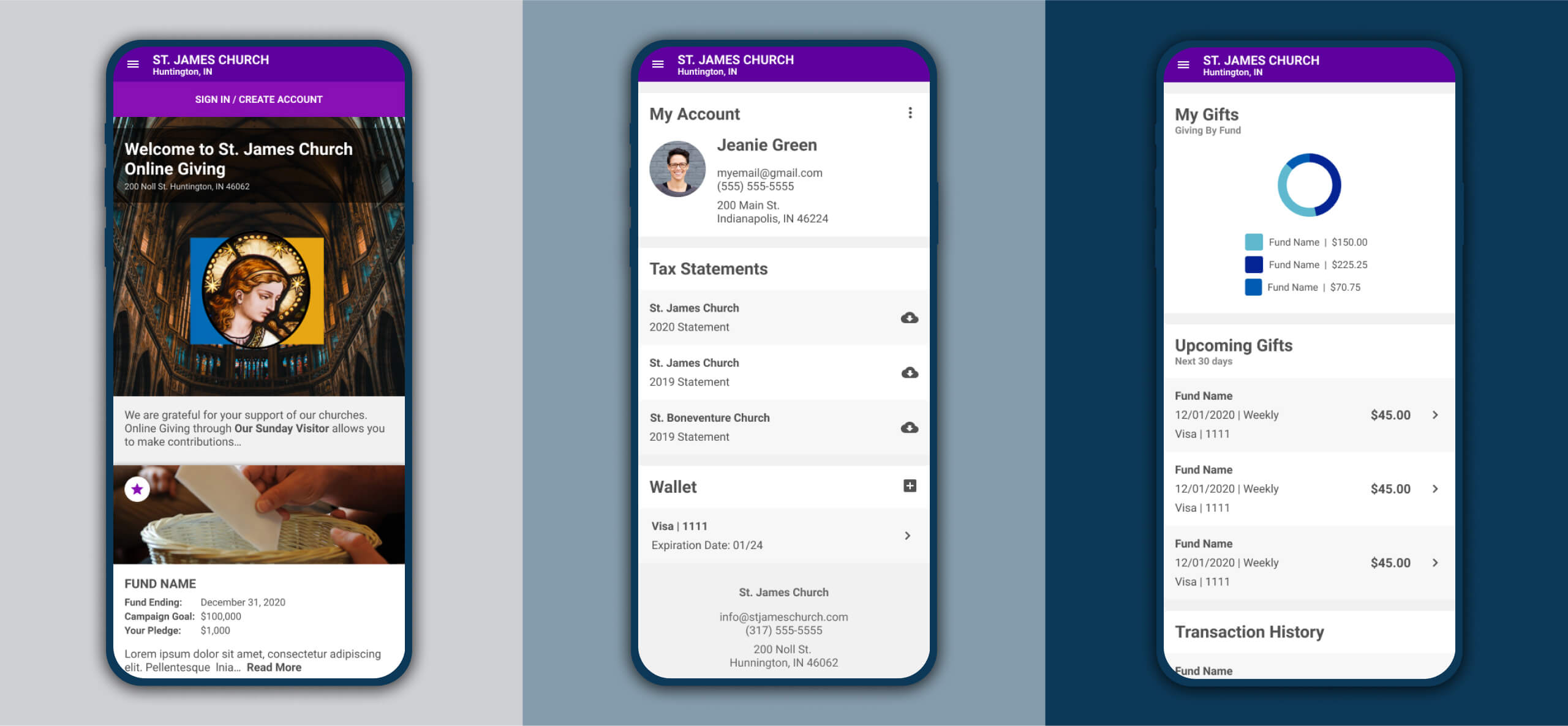 Three mobile phones displaying different dashboard pages from a church donation application.