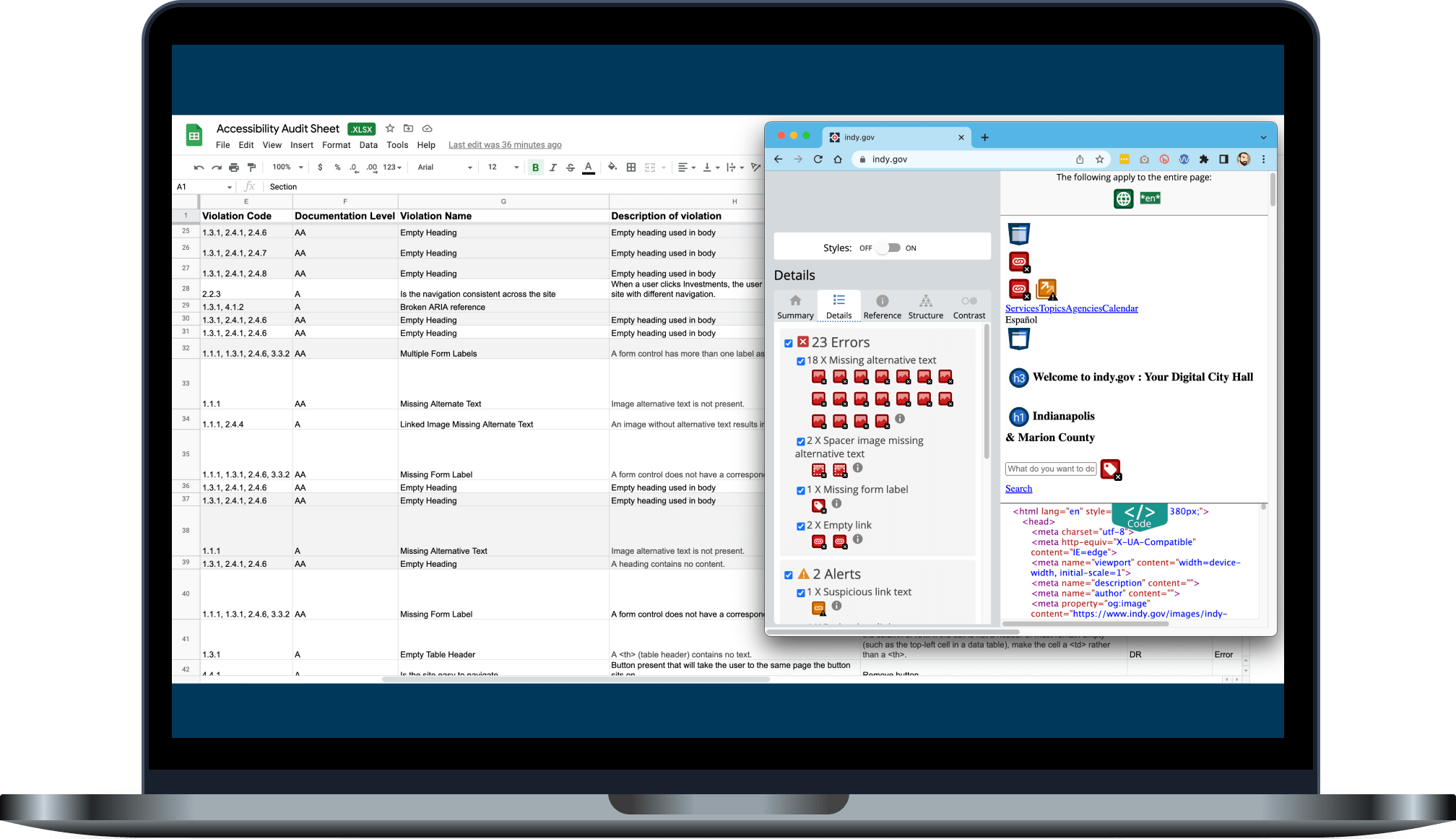 Laptop screen containing an accessibility audit spreadsheet and ADA compliance tool